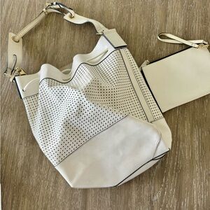 Vince Camino Genuine White Leather Vintage Hobo Beach Bag & Cosmetic Bag Combo